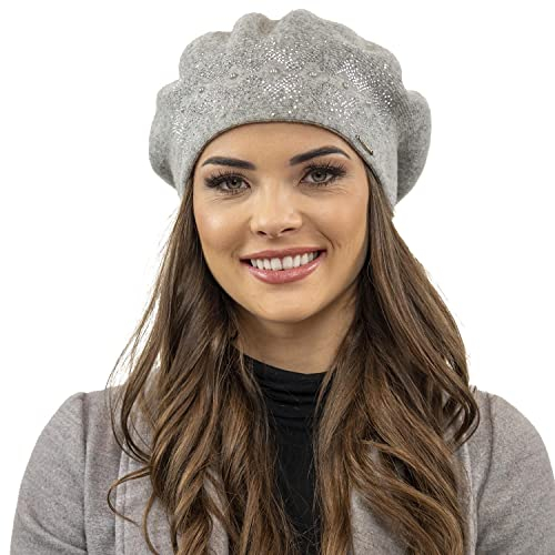 VIVISENCE Baskenmütze Für Damen Winter Herbst Warme Barette Aus Wolle Mit Zirkonia-Applikation Frauen Elegante Klassischem Stil Perfekte Für Herbst Und Wintertage Modell 7050, Hellgrau,Einheitsgröße