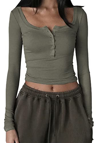 YILEEGOO Women's Casual Y2K Button Long Sleeve Slim Fit Tops Shirt Round Neck Tee Short Tops T-Shirt (Button-Army Green, S)