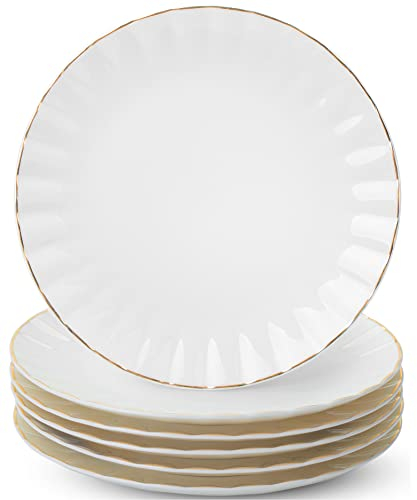 BTaT- Juego de 6 Platos de Postre Blancos, 8 Pulgadas, Porcelana Con Borde Dorado, Platos Pequeños Para Aperitivos y Postres