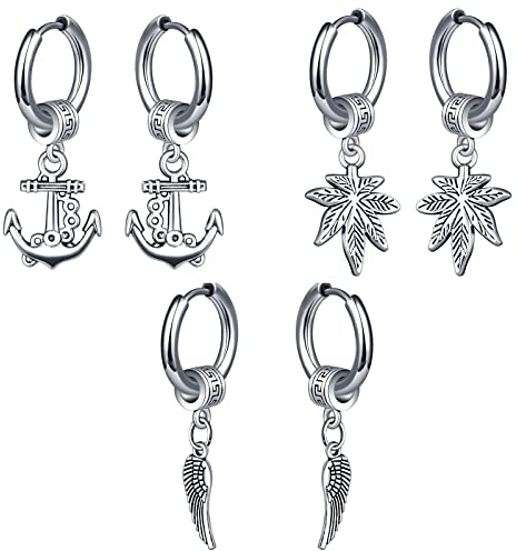 MicVivien Creolen Ohrhänger Edelstahl für Männer Frauen Mädchen, Hoop Ohrringe Feder Flügel/Anker/Ahornblatt Hängend Anhänger Ohrstecker Ohrpiercing Herrren Damen