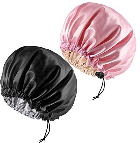 2 Pieces Adjustable Silk Bonnet, 36cm Double Sided Satin Sleep Caps Night Sleep Hat for All Hair Lengths Women Curly Natural Hair Head Cover(Black+Pink)