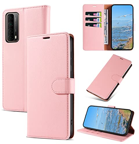 KKEIKO Hülle Kompatibel mit Huawei P Smart 2021, Magnet Klappbar Handyhülle mit Kartenfach, PU Leder Stoßfest Schutzhülle für Huawei P Smart 2021, Rosa