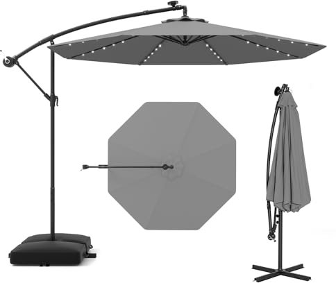 RELAX4LIFE Parasol Déporté 3x3M LED à Énergie Solaire, Pour Jardin Extérieur avec Pied Incus, Inclinable Imperméable à 8 Baleines, Protection UV pour Terrasse Patio Plage (Gris Foncé)