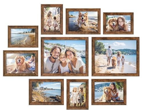 SONGMICS Picture Frames with 16 Mats, Set of 10, Photo Frames with Two 8x10, Four 5x7, Four 4x6 Frames, Hanging or Tabletop Display, MDF and Glass, 12 Non-Trace Nails, Rustic Brown RPF049X01