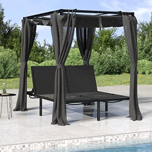 LAPOOH Doppel-Sonnenliege mit Vorhängen und Baldachin, Liegestuhl, Gartenliege, Relaxliege, Balkonliege, Liegen, Sun Lounger, Freizeitliege, Sommer Liegen, Gartenmöbel, Anthrazit