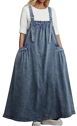 Damen Jeans Latzkleid Lose Latzrock Lang Trägerrock Elegant Knielang Jeansrock Overall Volant Jeanskleid A-Linie Kleid Maxikleid Loose Trägerkleid Hohltaschenkleid mit Taschen (0A-Light Blue, XXL)