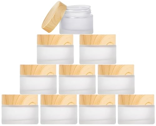 ToKinCen 10 Stück 5ml Bambusdeckel Döschen,Transparente Leer Döschen,Glas Cremedose,für Kosmetika Cremes Puder Lotion Mini-Kerzen Lippenbalsam (helle Farbe)