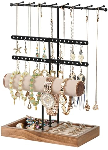 Rubessia Porta Gioielli,5 Livelli Porta Orecchini e Collane,Espositore per Gioielli con Base ad Anello,Porta Collane da Tavolo,Portacollane per Gioielli,per Orecchini,Collane,Anelli,Bracciali (A)