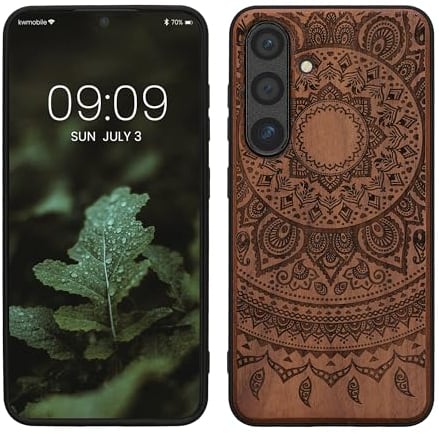 kwmobile Hülle kompatibel mit Samsung Galaxy S24 Hülle - Holz Case - Handy Cover - TPU Handyhülle in Dunkelbraun Indische Sonne