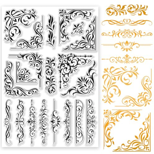 INFUNLY Blumen-Eckstempel Für Die Kartenherstellung, 8.3x11.7 Randmuster, Transparenter Stempel, Blatt-Gummistempel, Florale Pflanze, Silikon, Transparente Stempel Für DIY, Scrapbooking, Geburtstags