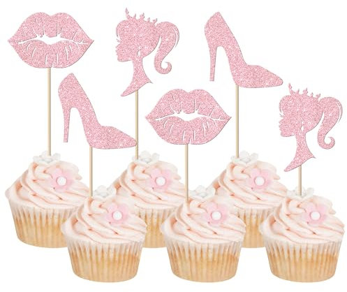 Xsstarmi 24 Pack Girl Therme Birthday Cupcake Toppers Glitter Lip High Heel Princess Doll Head Cupcake Picks Decorations for Baby Bridal Shower Girl Birthday Party Cake Decorations Pink