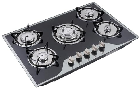 Gaskochfeld 5 Flammen Einbau Brenner Edelstahl Gasherd, Einbau Kochfeld Glas Gaskocher Schwarzes Geeignet für LPG/NG Gas, Batterie Automatische Impulszündung&Flammenausfallsicherung (90x51cm)