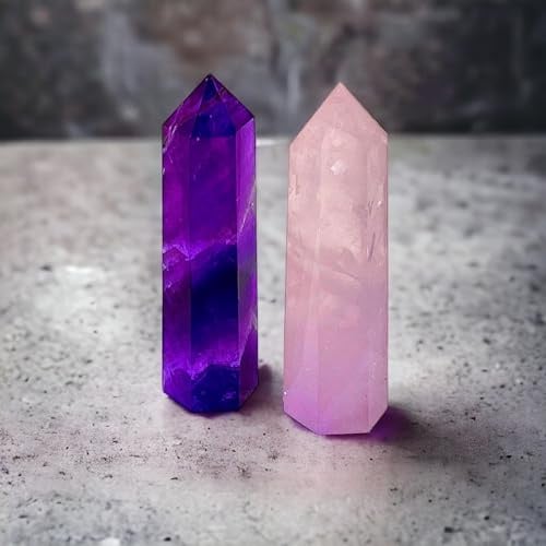 arana's - Obélisque améthyste et quartz rose - Cristaux de guérison en baguettes tour 6 côtés facettés termination pointe - Méditation thérapie guérison chakras - Pierres naturelles