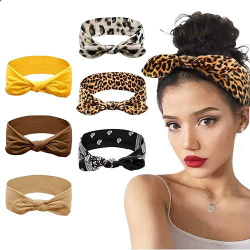 Nayyana 6er-Pack Schleifen-Stirnbänder für Frauen, elastische Kopfbedeckungen, Stirnband mit Leopardenmuster, geknotetes Stirnband, Turban, Mode, Hasenohren, Sport Haar-Accessoires