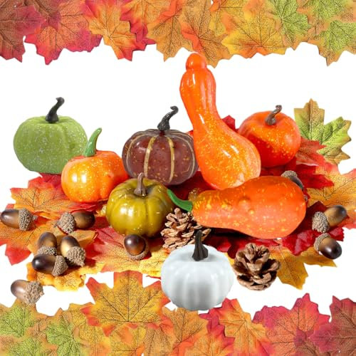 Bukezudang 50 Stück Kürbis Herbst Deko Set, Künstliche Kürbisse Set, Gefälschte Kürbisse Ahornblatt Dekorations Set, Ahornblätter Eicheln Tannenzapfen, for Autumn Thanksgiving Decoration