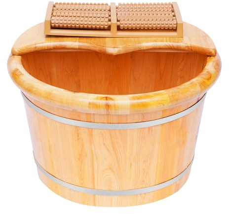 KONGKUNI Wood Foot Tub with Massager and Lid, Foot Basin Wooden Bucket Foot Bath,Solid Wood Handmade, Foot Bath Bucket Pedicure Bowl Spa Massage Cedar Pedicure Barrels Foot Care Sauna Accessories