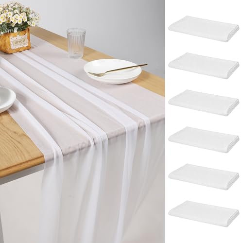 MEKOTRIN Tischläufer für Hochzeiten, Transparent, Chiffon, Romantisch, Elegant, Luftig, Tischtuch, Drapiert, 70 X 300 cm (Weiß, 6 Stück)