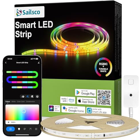 sailsco Tira de luz LED RGBIC de 10 m con control remoto y control de aplicación Smart Life, sincronización de música, temporizador configurado, tira de luz LED regulable
