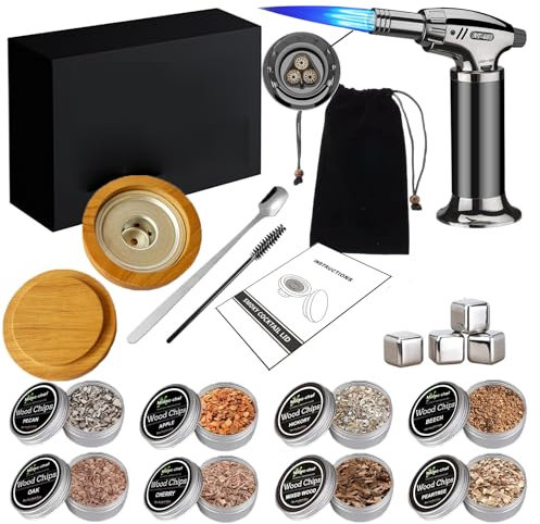 Kit fumoir à cocktail avec torche - Kit fumeur à whisky avec 8 saveurs - Copeaux de bois fumé - Kit fumoir à boissons à l'ancienne avec lampe torche et bac à glaçons - Accessoires de fabrication de