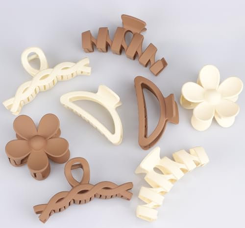 Assortiment de 8 grandes pinces à cheveux pour femme, pinces à fleurs pour cheveux épais, accessoires de cheveux antidérapants avec plusieurs styles, couleurs neutres (Beige/Milk coffee)