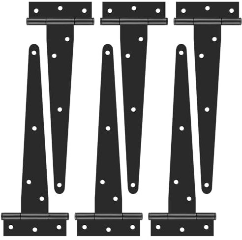 T Hinges, 8 Inch(20mm) Heavy Duty Door Hinge, 6 Pack Hinges for Wood Garden Shed Door Strap Hinge with Rustproof Powder Coating, Outdoor Black Tee Hinge for Barn Doors, Window, Fence