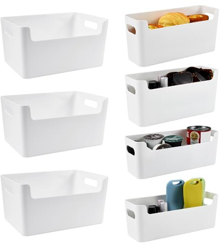 HEKOBAG 7 Stück Aufbewahrungsbox Kunststoff Weiß Ordnungsbox Aufbewahrungskorb mit Griffen Plastikbox 3 Größen Organisationsboxen Kunststoffbox Organizer Box Plastik Körbe Aufbewahrung für Küche Bad