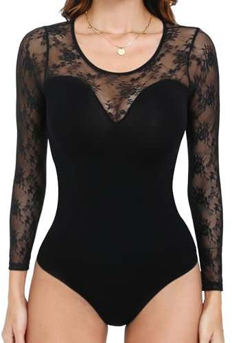 Vorcy Women Long Sleeves Bodysuit Mesh Lace Sexy Bodysuits Top Leotard Stretch Bodysuit for Women