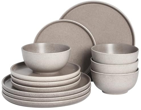 Gibson Elite 12 Piece (Service for 4) Eden Rock Plates and Bowls Reactive Glaze Round Dishes Stoneware Ceramic Dinnerware Set - Grey