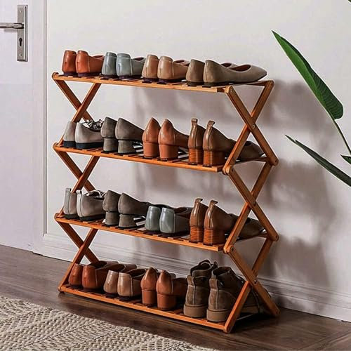 acfeco Schuhregal Klappbar, Schuhablage Bambus mit 4 Ablage, Schuhregal Holz Platzsparend Keine Installation für Eingangsbereich Flur Wohnzimmer Garderobe 70 x 25 x 68 cm Braun