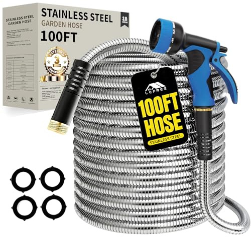 Lefree Gartenschlauch 30,5 m, Metall-Gartenschlauch, flexibler Wasserschlauch mit 10-Funktions-Düse, robuster Edelstahlschlauch, bruchfest, auslaufsicher, kein Knicken, Gartenschläuche für Hof
