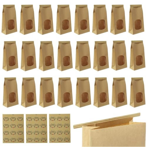 24 Stück Kraftpapier Tüten mit Sichtfenster, Plätzchentüten mit Verschlussdraht, 24x12x6cm Kekstüten, Gebäcktüten, Brottüten Papier, Geschenktüte mit Fenster, inklusive 36 Handmade-Aufklebern