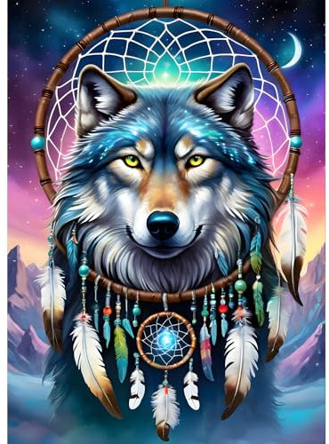 GDYEEH Traumfänger Diamond Painting Erwachsene, 5D Wolf Diamant Kunst Bilder Anfänger, DIY Traumland Runder Vollbohrer Diamanten Malerei Stickerei Kreuzstich Geschenke Home Wand Dekor 30x40cm