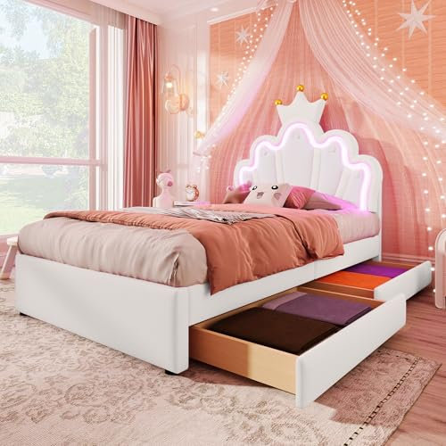 Jaxenor 90x200 Polsterbett MäDchen Bett mit Led und Kopfteil Lattenrost, Pu Prinzessin Bett Bettgestell mit 2 Schubladen Stauraum füR MäDchen Teenager, (Ohne Matratze) Weiß