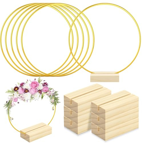 LEKEFETO 6 Stück 30cm Gold Metallring mit Holzständern: Metall Deko Ringe mit Ständer, Dekoring mit Fuß, DIY Kranz Handwerk Traumfänger, für DIY Blumen Basteln Handwerk, Hochzeitstischdekoration