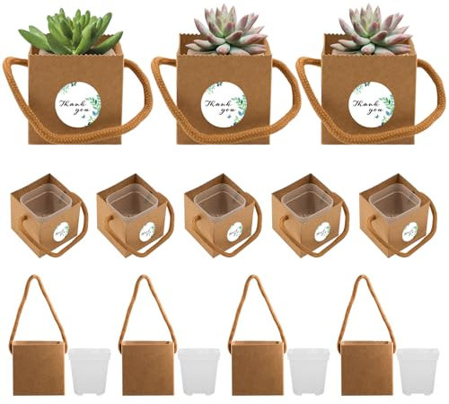 Set di 20 confezioni per piante grasse vasi da fiori in plastica e sacchetti regalo in carta kraft con manici per matrimoni, baby shower, bomboniere
