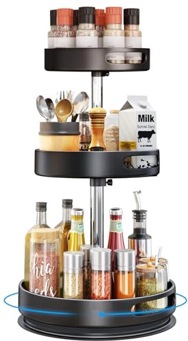Lazy Susan Organizer, 2/3 Tier Carbon Steel Turntable Spice Rack, 360° Rotating Height Adjustable Holder for Kitchen Countertop Cabinet Pantry Dining Table Cupboard Bathroom Storage (3 Tiers)