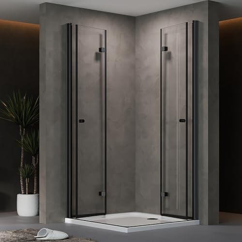AQUENITH Duschkabine Eckeinstieg Schwarz 75x90cm Doppel Duschtür Falttür Duschwand Duschabtrennung Faltbar Eckdusche mit 6mm ESG Sicherheitsglas,Höhe 185cm