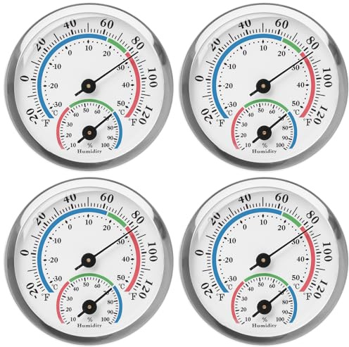 Termoigrometro facile da leggere: WIYETY 4 pezzi termometro igrometro rotondo per interni, analogico, termometro da camera ben leggibile, misuratore di umidità per garage ufficio (tipo 1)