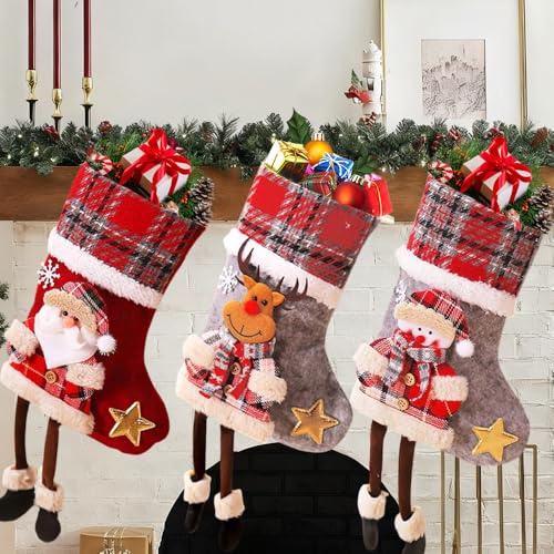DAJASD 3 Stück Weihnachtsstrumpf, Nikolausstrumpf, Nikolausstiefel Zum Befüllen, Weihnachtsstrumpf Personalisiert und Aufhängen Kreative Puppe für Kamin, Weihnachtsbaum, Wand, Treppe