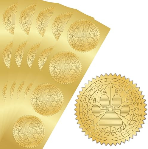 PRESSINART 100 Stück 2 Zoll Gold Pfoten Aufkleber Goldfolie Präged Siegel Pfotenabdruck Rund Selbstklebend Präged Medaille Dekoration Für Umschläge Diplome Zertifikate Hochzeit Party Einladungen