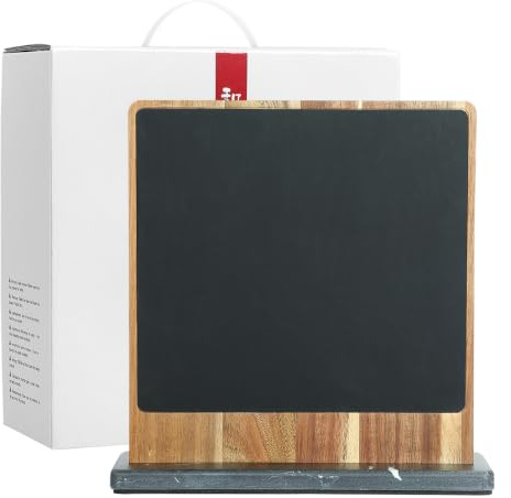 HEZHEN Ceppo Portacoltelli Magnetico a Doppia Faccia, Blocco Coltelli da Cucina in Legno d'Acacia con Copertina in Pelle, Ceppo Coltelli Organizzatore, Base Antiscivolo di Marmo