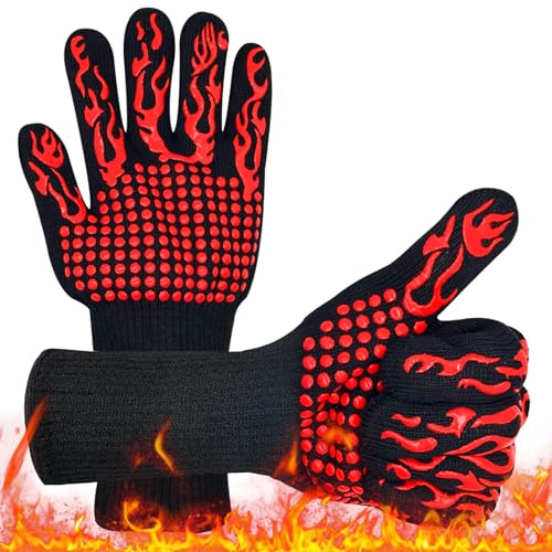 MINGBOLIN 2 Gants Barbecue Anti Chaleur jusqu'à 800 °C | Fibre ignifugée coton et silicone longueur 32 cm antidérapants souples et lavables pour barbecue four et cheminée