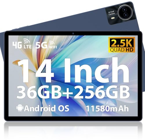 MAXLEGEN Tablet de 14 pulgadas, pantalla táctil de 2,5 K, 36 GB de RAM + 256 GB de ROM, 1 TB TF, tableta SIM de 1 TB, 4 G LTE + 5G WiFi, Octa-Core, 4 altavoces, 13 MP, 11580 mAh, GMS, GPS, incluye
