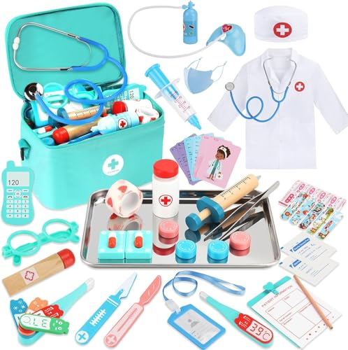 Arztkoffer Kinder Holz,Doktorkoffer Kinder mit Echtem Stethoskop,Kapsel,Thermometer,Spritze,Arzttasche und Arztkittel,Rollenspiel Spielzeug Geschenk für Mädchen Jungen ab 3+ Jahre - Grün