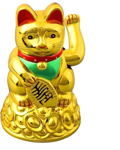 Maneki Neko Chat agitant - Figurine de chat électrique qui fait signe avec lingot d'or - Chat porte-bonheur japonais à piles pour le travail, la maison et la voiture - Décoration Feng Shui (16,5 cm