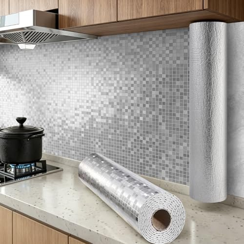 Metallic Silver Glitter Mosaic Self Adhesive Wallpaper Peel and Stick Wallpaper, 2.2mm Thick Thermal Waterproof Insulating Sticky Back Plastic Vinyl Removable Wall Paper Roll For Kitchen Bathroom