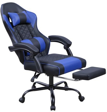 Panana Racing Style Gaming Chair with Footrest, PU Leather, Massage Lumbar Support, Reclining, 360° Swivel Seater Adjustable Height (Blue)
