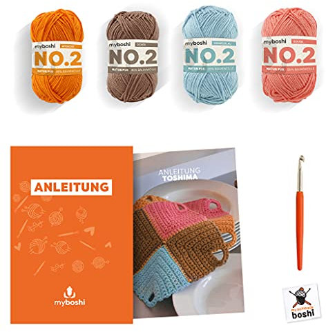 myboshi Häkelset Topflappen Toshima, inkl. No.2 Wolle, Nadel und Anleitung, Häkelpaket, 85% Baumwolle, 15% Kapok Orange mit Häkelnadel