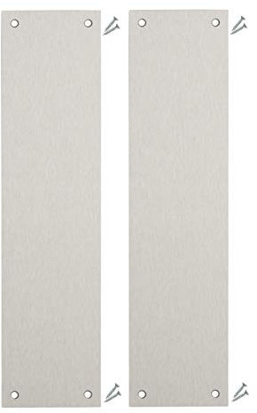 Fire Door Guru® Juego de 2 placas de empuje para puerta de acero inoxidable satinado, 300 x 75 mm, esquina cuadrada, tornillos incluidos.