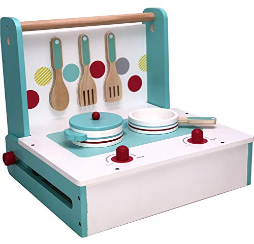 Spielküche aus Holz natur zum Mitnehmen mit reichhaltigem Zubehör, Töpfe, Teller, Mixer für Kinder aus Holz, Toaster (Spielküche im Koffer)